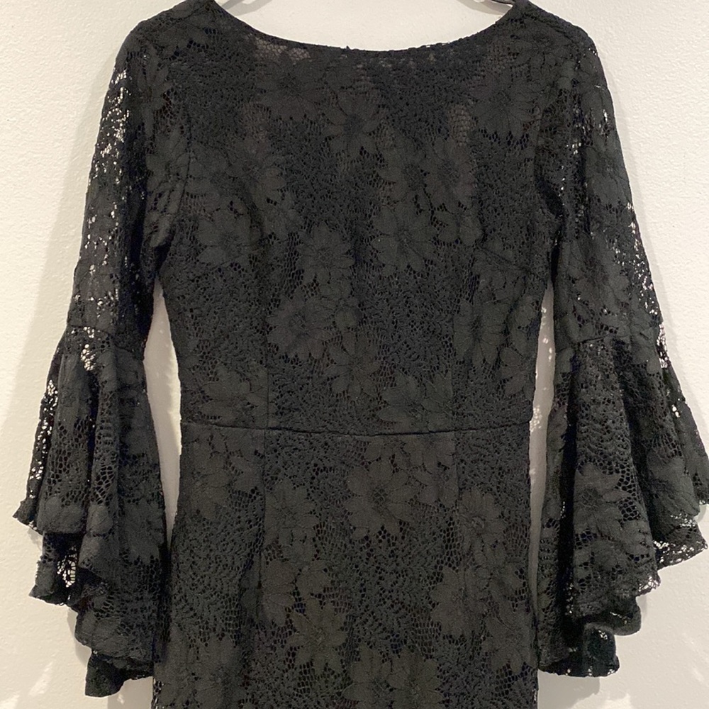 Lulus Black Full Lace Dress with Bell Bottom Sleeves - V Shaped Back -Size Small - Picture 2 of 8